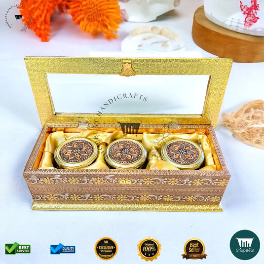 Golden-Copper Oxidised Dry Fruit Box – Meenakari & Acrylic Window with 3 Glass Jars
