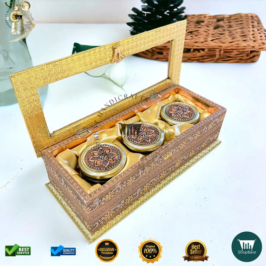 Golden-Copper Oxidised Dry Fruit Box – Meenakari & Acrylic Window with 3 Glass Jars
