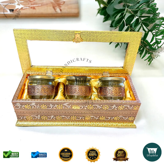 Golden-Copper Oxidised Dry Fruit Box – Meenakari & Acrylic Window with 3 Glass Jars