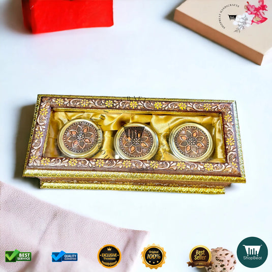 Golden-Copper Oxidised Dry Fruit Box – Meenakari & Acrylic Window with 3 Glass Jars