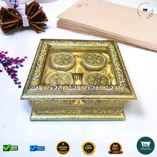 Golden Oxidised Dry Fruit Box – Meenakari & Acrylic Window with 4 Glass Jars