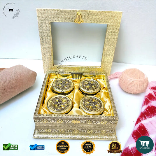 Golden Oxidised Dry Fruit Box – Meenakari & Acrylic Window with 4 Glass Jars