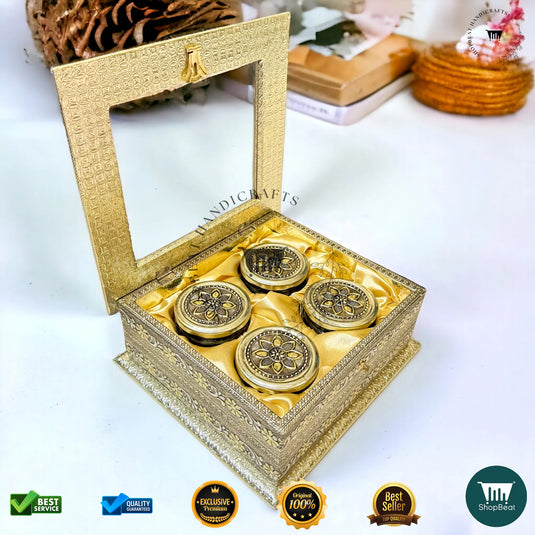 Golden Oxidised Dry Fruit Box – Meenakari & Acrylic Window with 4 Glass Jars
