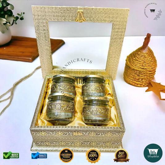 Golden Oxidised Dry Fruit Box – Meenakari & Acrylic Window with 4 Glass Jars