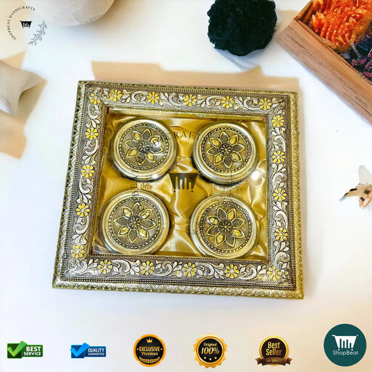 Golden Oxidised Dry Fruit Box – Meenakari & Acrylic Window with 4 Glass Jars