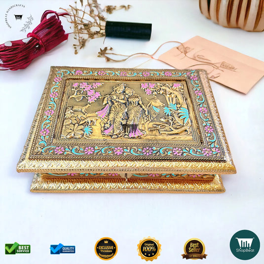 Golden Oxidised Dry Fruit Box – Meenakari Radhe Krishna Design (9x7 Inch)