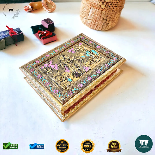 Golden Oxidised Dry Fruit Box – Meenakari Radhe Krishna Design (9x7 Inch)