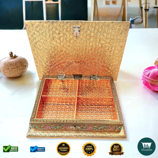 Golden Oxidised Dry Fruit Box – Meenakari Radhe Krishna Design (9x7 Inch)
