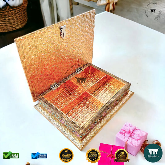 Golden Oxidised Dry Fruit Box – Meenakari Radhe Krishna Design (9x7 Inch)