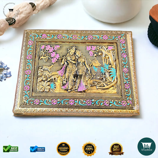 Golden Oxidised Dry Fruit Box – Meenakari Radhe Krishna Design (9x7 Inch)