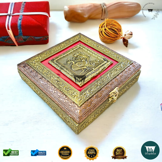 Golden-Copper Oxidised Dry Fruit Box – Red Velvet Finish (8x8 Inch)