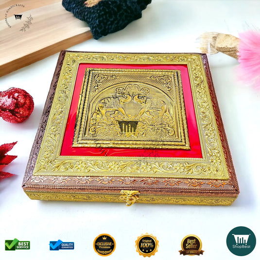 Golden-Copper Oxidised Dry Fruit Box – Red Velvet Finish (10x10 Inch)