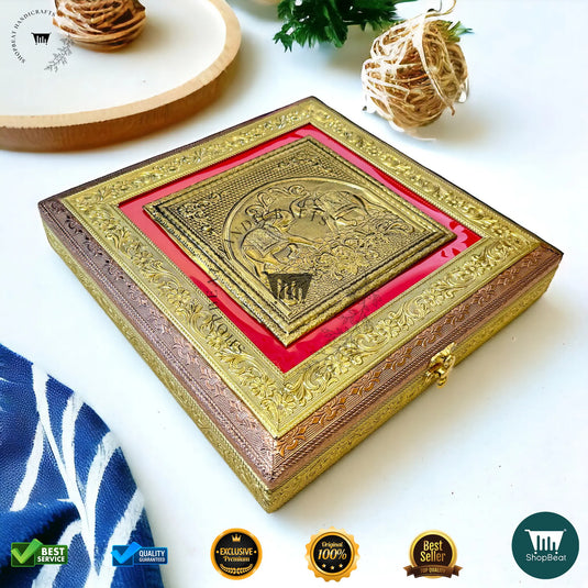 Golden-Copper Oxidised Dry Fruit Box – Red Velvet Finish (10x10 Inch)