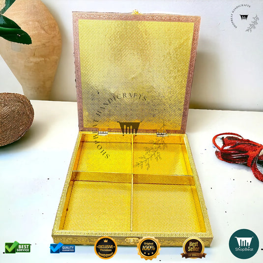 Golden-Copper Oxidised Dry Fruit Box – Red Velvet Finish (10x10 Inch)