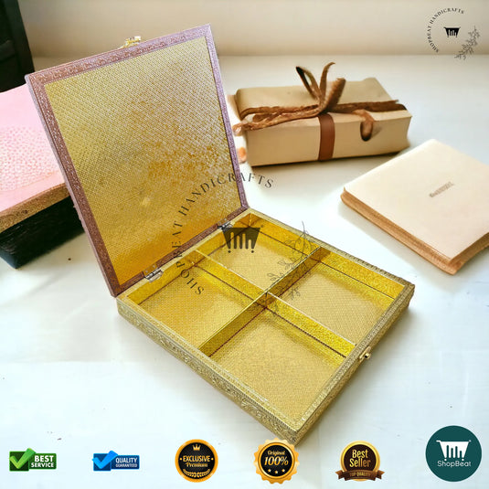 Golden-Copper Oxidised Dry Fruit Box – Red Velvet Finish (10x10 Inch)