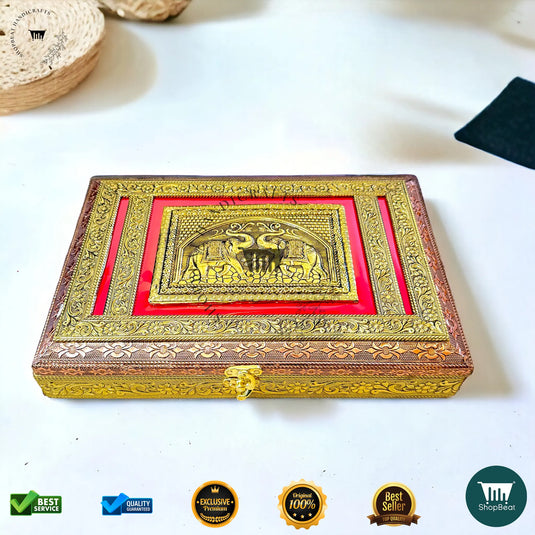 Golden-Copper Oxidised Dry Fruit Box – Red Velvet Finish (12x8 Inch)