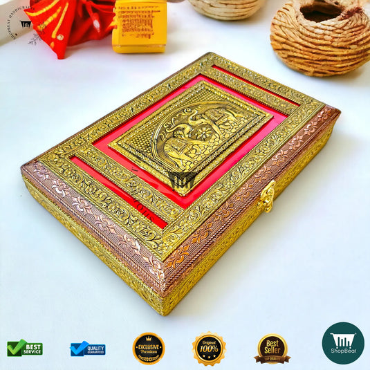 Golden-Copper Oxidised Dry Fruit Box – Red Velvet Finish (12x8 Inch)