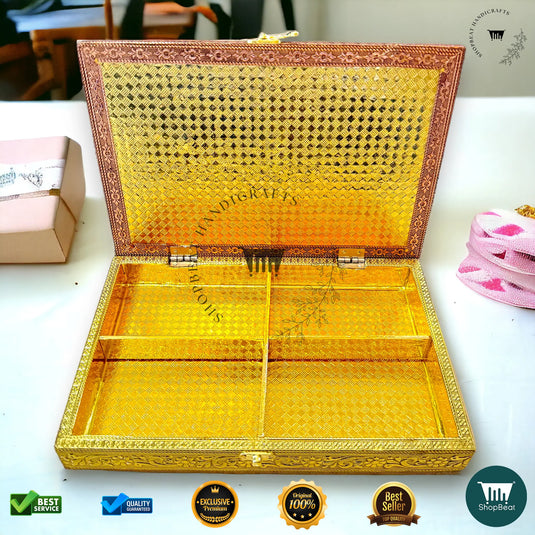 Golden-Copper Oxidised Dry Fruit Box – Red Velvet Finish (12x8 Inch)