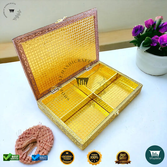 Golden-Copper Oxidised Dry Fruit Box – Red Velvet Finish (12x8 Inch)