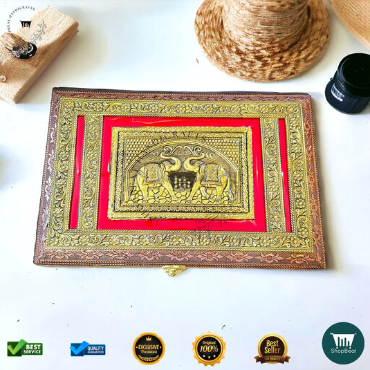 Golden-Copper Oxidised Dry Fruit Box – Red Velvet Finish (12x8 Inch)