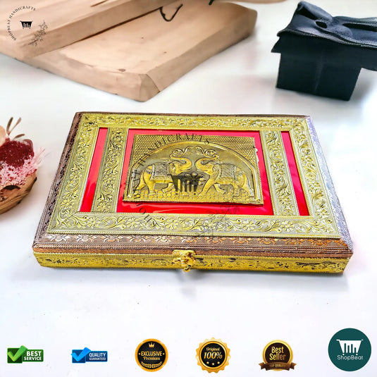 Golden-Copper Oxidised Dry Fruit Box – Red Velvet Finish (15x10 Inch)