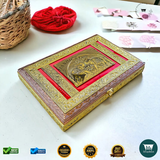 Golden-Copper Oxidised Dry Fruit Box – Red Velvet Finish (15x10 Inch)