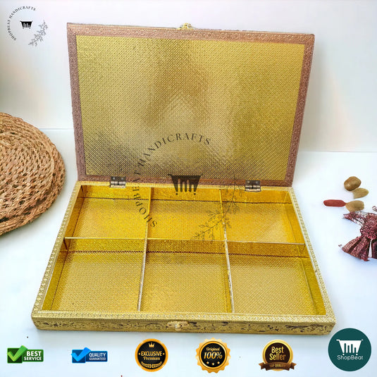 Golden-Copper Oxidised Dry Fruit Box – Red Velvet Finish (15x10 Inch)