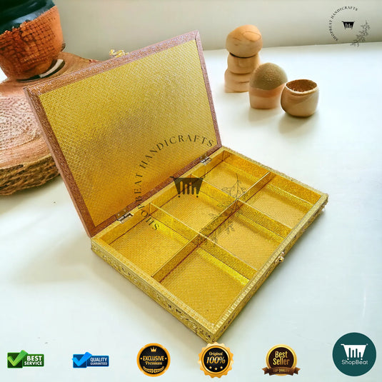 Golden-Copper Oxidised Dry Fruit Box – Red Velvet Finish (15x10 Inch)