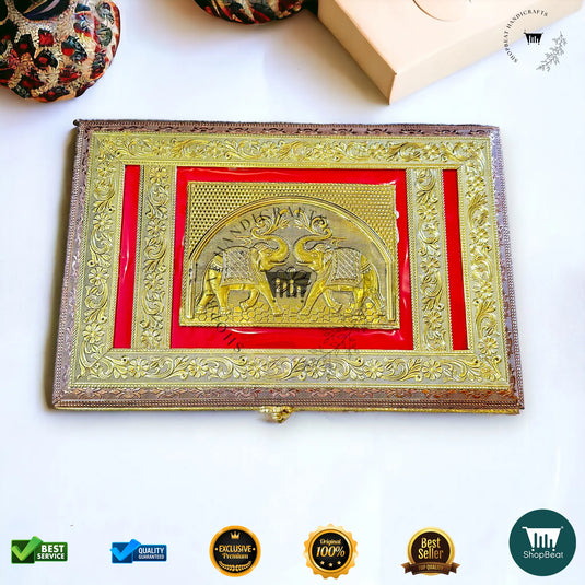 Golden-Copper Oxidised Dry Fruit Box – Red Velvet Finish (15x10 Inch)