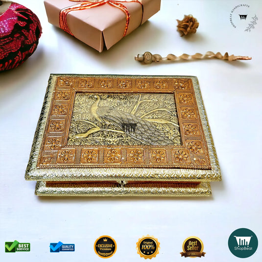 Golden-Copper Oxidised Dry Fruit Box – Peacock Design (9x7 Inch)