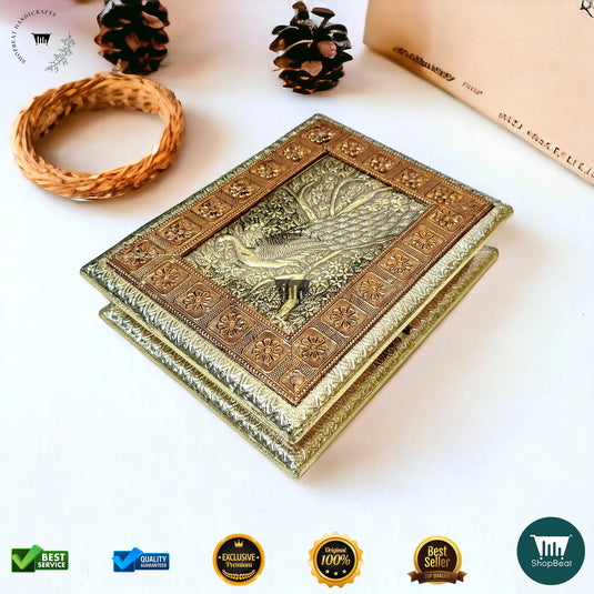Golden-Copper Oxidised Dry Fruit Box – Peacock Design (9x7 Inch)