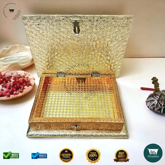 Golden-Copper Oxidised Dry Fruit Box – Peacock Design (9x7 Inch)