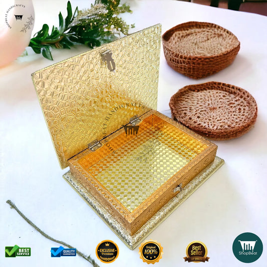 Golden-Copper Oxidised Dry Fruit Box – Peacock Design (9x7 Inch)