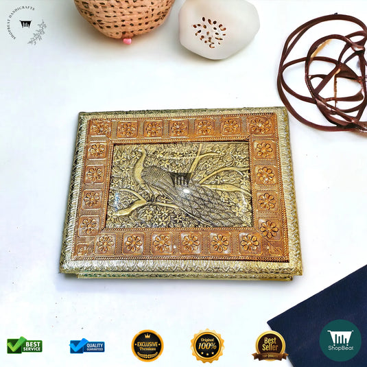 Golden-Copper Oxidised Dry Fruit Box – Peacock Design (9x7 Inch)