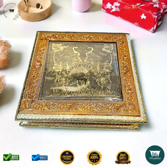 Golden-Copper Oxidised Dry Fruit Box – Peacock Design (10x10 Inch)