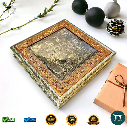 Golden-Copper Oxidised Dry Fruit Box – Peacock Design (10x10 Inch)