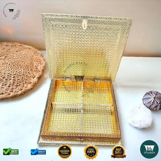 Golden-Copper Oxidised Dry Fruit Box – Peacock Design (10x10 Inch)