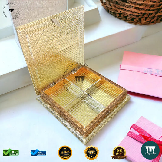 Golden-Copper Oxidised Dry Fruit Box – Peacock Design (10x10 Inch)