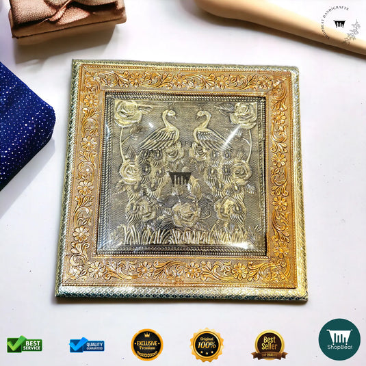 Golden-Copper Oxidised Dry Fruit Box – Peacock Design (10x10 Inch)