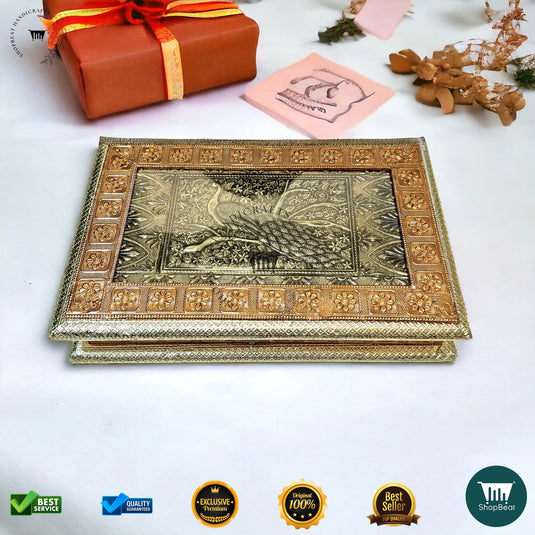 Golden-Copper Oxidised Dry Fruit Box – Peacock Design (12x8 Inch)