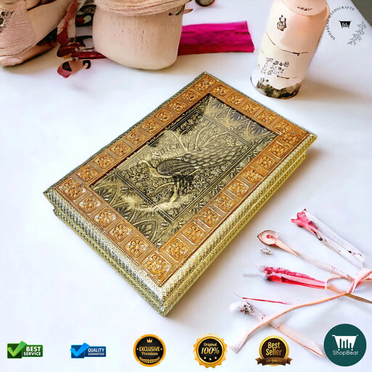 Golden-Copper Oxidised Dry Fruit Box – Peacock Design (12x8 Inch)