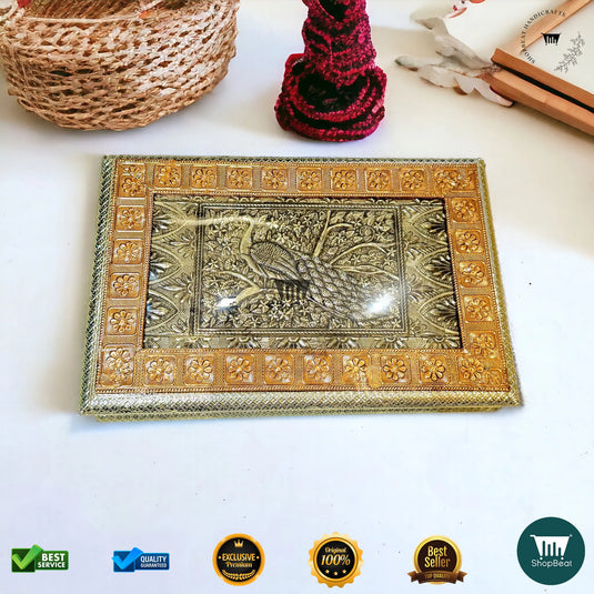 Golden-Copper Oxidised Dry Fruit Box – Peacock Design (12x8 Inch)