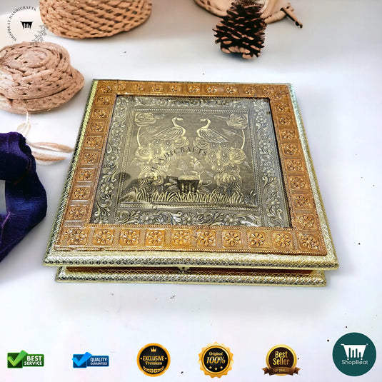 Golden-Copper Oxidised Dry Fruit Box – Peacock Design (12x12 Inch)
