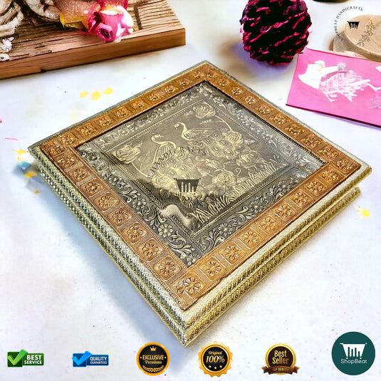 Golden-Copper Oxidised Dry Fruit Box – Peacock Design (12x12 Inch)