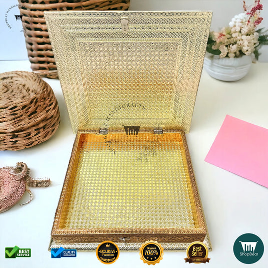 Golden-Copper Oxidised Dry Fruit Box – Peacock Design (12x12 Inch)