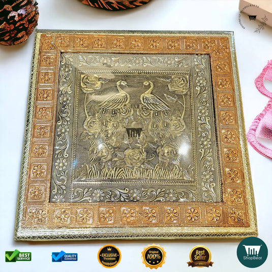 Golden-Copper Oxidised Dry Fruit Box – Peacock Design (12x12 Inch)