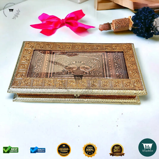 Golden-Copper Oxidised Dry Fruit Box – Peacock Design (13x7 Inch)
