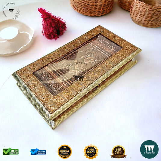 Golden-Copper Oxidised Dry Fruit Box – Peacock Design (13x7 Inch)