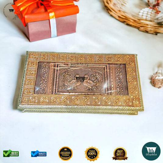 Golden-Copper Oxidised Dry Fruit Box – Peacock Design (13x7 Inch)