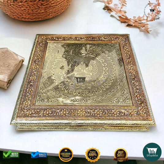 Golden-Copper Oxidised Dry Fruit Box – Peacock Design (15x15 Inch)